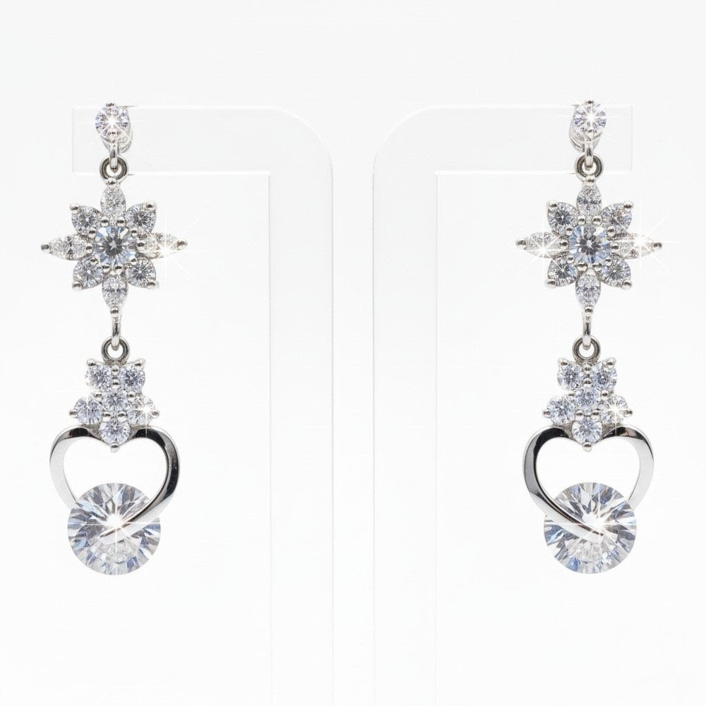 White Rhodium Floral Heart Earrings – 4CTW Dancing Crystal 360° Drop Statement
